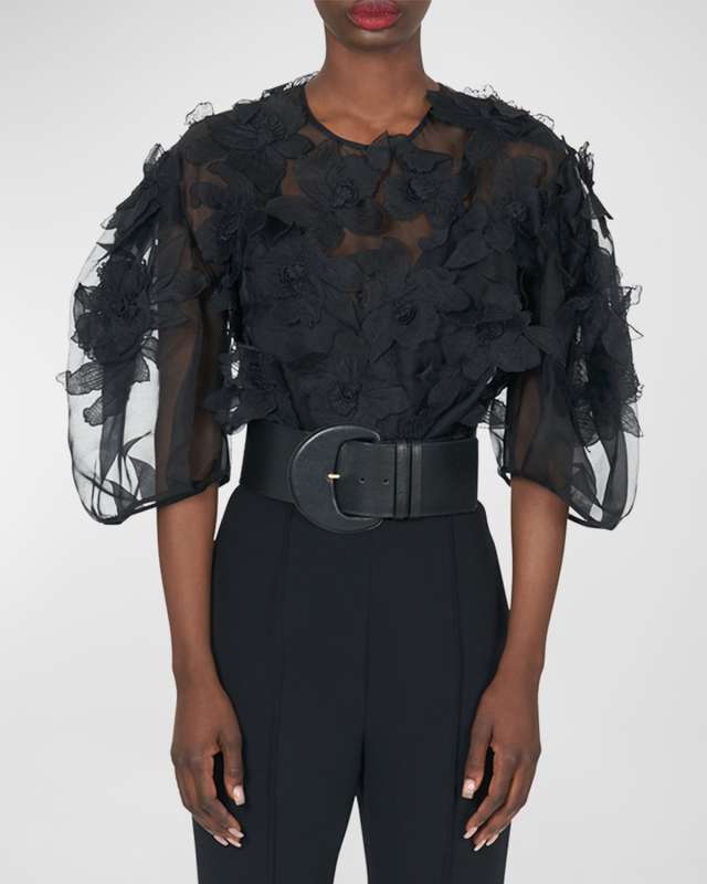 Floral Embroidered Puff-Sleeve Sheer Top